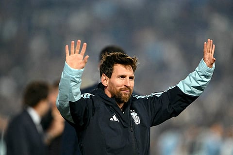 Argentina's forward #10 Lionel Messi celebrates scoring his team's third goal during the international friendly football match between Argentina and Benin at the Mas Monumental stadium in Buenos Aires on October 6, 2026.