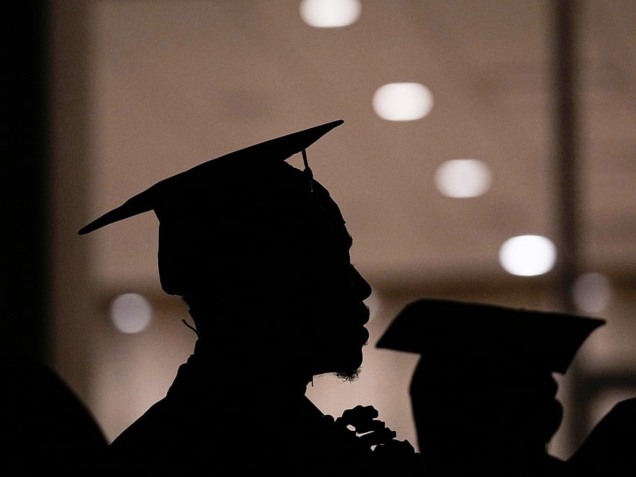 A Morehouse College student lines up before the school commencement, May 19, 2024, in Atlanta.