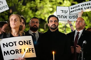 New York City Mayor Zohran Mamdani attends a vigil marking the third anniversary of the October 7 attacks on Israel Wednesday, Oct. 7, 2026, in New York. (AP Photo/Frank Franklin II)
