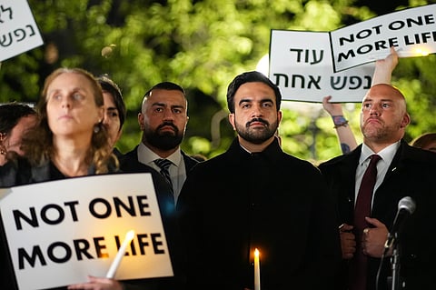 New York City Mayor Zohran Mamdani attends a vigil marking the third anniversary of the October 7 attacks on Israel Wednesday, Oct. 7, 2026, in New York. (AP Photo/Frank Franklin II)