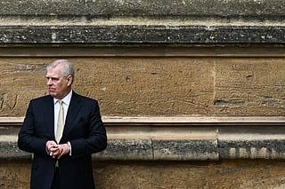 Britain's Prince Andrew, Duke of York reacts as he arrives at St. George's Chapel, Windsor Castle, to attend the Easter Mattins Service, on March 31, 2024.