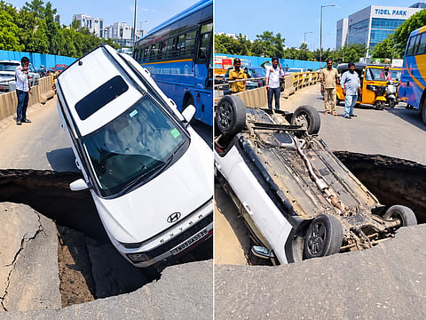 Chennai road caves in, car plunges into 10-foot sinkhole near Tidel Park