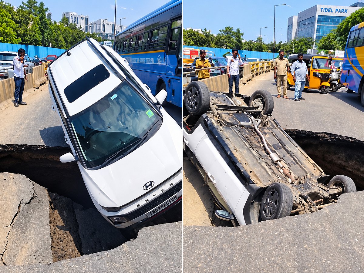 Car falls into 10‑foot sinkhole on Chennai road near Tidel Park