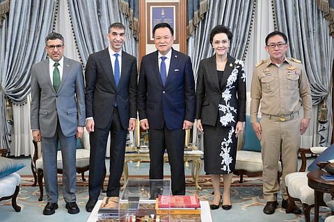 Dr. Thani bin Ahmed Al Zeyoudi, UAE Minister of Foreign Trade with Anutin Charnvirakul, Prime Minister of the Kingdom of Thailand; and Suphajee Suthumpun, Deputy Prime Minister and Minister of Commerce of Thailand in the presence of Obaid Saeed Al Dhaheri, UAE Ambassador to the Kingdom of Thailand. 