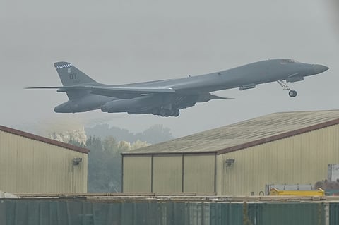 A B-1 bomber takes off from RAF Fairford in Fairford, England, Tuesday, Sept. 29, 2026.