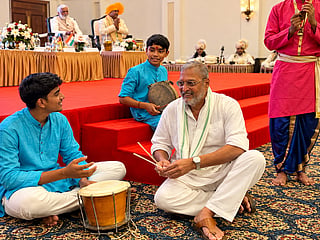 Veteran actor Nana Patekar plays the traditional shamel during a cultural event in Panaji, Goa, on October 4, 2026, four days before his death at 75.