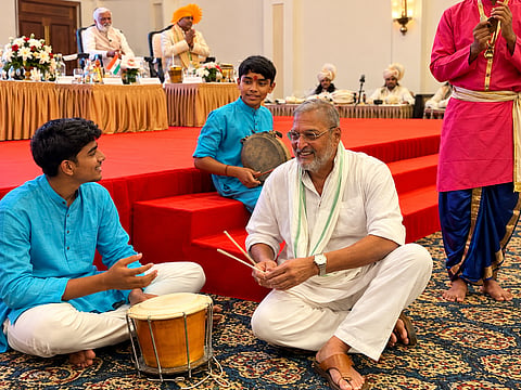 Veteran actor Nana Patekar plays the traditional shamel during a cultural event in Panaji, Goa, on October 4, 2026, four days before his death at 75.