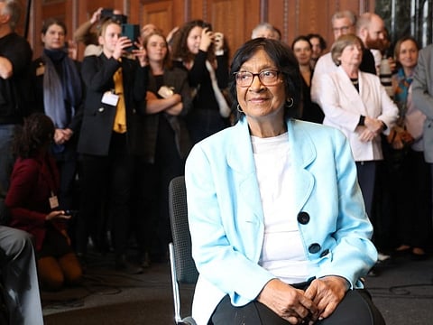 South African lawyer and champion of international law Navi Pillay is pictured after she was awarded the 2026 Nobel Peace Prize, on October 9, 2026 at the historic Courtroom 600 of Nuremberg's Palace of Justice, venue of the 1945-1946 Nuremberg Trials against leaders of defeated Nazi Germany, in Nuremberg, southern Germany, where she was attending the Nuremberg Forum 2026 conference of the International Nuremberg Principles Academy.