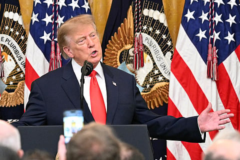 US President Donald Trump speaks during a Columbus Day celebration in the East Room of the White House in Washington, DC, on October 9, 2026.
