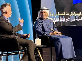 Mark Thompson, Editor-in-Chief of Gulf News, speaks to Professor Ebrahim Al Hajri, President of Khalifa University, during AI Everything 2026 in Abu Dhabi