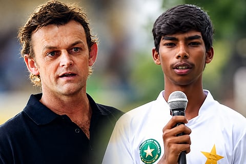 Australian cricket legend Adam Gilchrist (left) and his young Pakistani namesake, who scored 117 runs in a school cricket match in Karachi.
