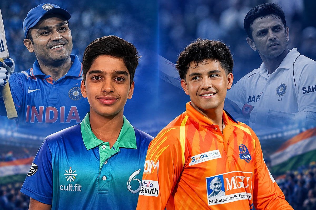 Anvay Dravid (left), son of Rahul Dravid, and Aaryavir Sehwag, son of Virender Sehwag, could represent India together against Pakistan in the upcoming Under 19 Asia Cup.