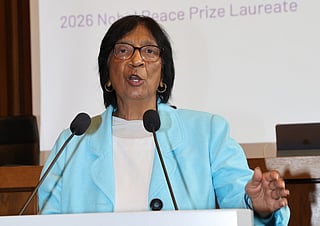 South African lawyer and champion of international law Navi Pillay addresses journalists after she was awarded the 2026 Nobel Peace Prize, on October 9, 2026 at the historic Courtroom 600 of Nuremberg's Palace of Justice, venue of the 1945-1946 Nuremberg Trials against leaders of defeated Nazi Germany, in Nuremberg, southern Germany, where she was attending the Nuremberg Forum 2026 conference of the International Nuremberg Principles Academy.
