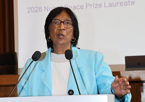 South African lawyer and champion of international law Navi Pillay addresses journalists after she was awarded the 2026 Nobel Peace Prize, on October 9, 2026 at the historic Courtroom 600 of Nuremberg's Palace of Justice, venue of the 1945-1946 Nuremberg Trials against leaders of defeated Nazi Germany, in Nuremberg, southern Germany, where she was attending the Nuremberg Forum 2026 conference of the International Nuremberg Principles Academy.