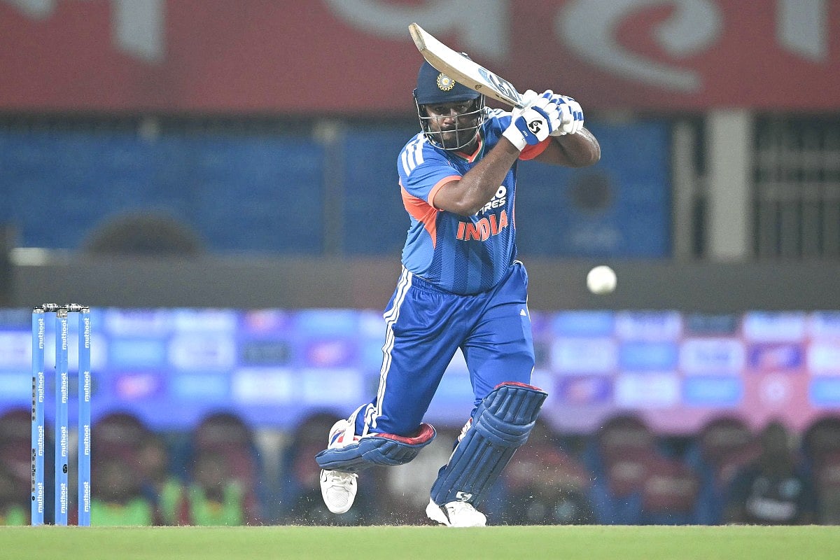 India's Sanju Samson plays a shot during the second T20 international cricket match between India and West Indies at the JSCA International Stadium Complex in Ranchi on October 9, 2026.