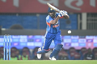 India's Sanju Samson plays a shot during the second T20 international cricket match between India and West Indies at the JSCA International Stadium Complex in Ranchi on October 9, 2026.