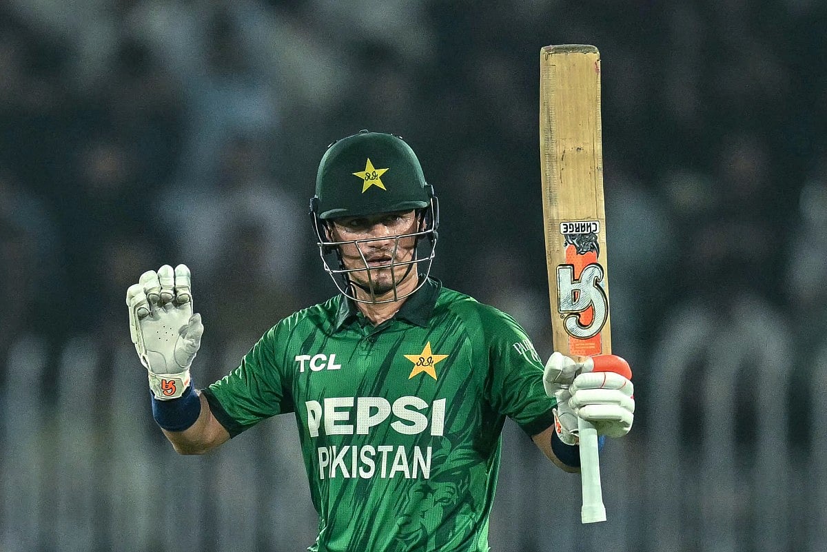 Pakistan's Maaz Sadaqat celebrates after scoring a half-century (50 runs) during the first T20 international cricket match between Pakistan and Sri Lanka at the Rawalpindi Cricket Stadium in Rawalpindi on October 9, 2026.