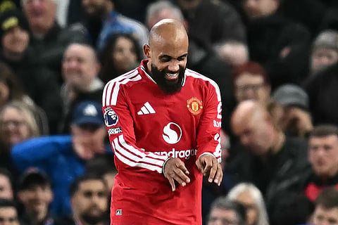 Manchester United's Cameroonian midfielder #19 Bryan Mbeumo celebrates after scoring the opening goal during the English Premier League football match between Manchester United and Tottenham Hotspur at Old Trafford in Manchester, north west England, on October 10, 2026.
