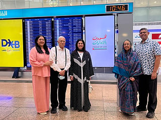 From left: Tabassum, MM Mohiuddin,  Dr Tasneem Jamil, Shameem and Mir Arif  at Dubai International Airport Terminal 1 on October 7, marking 50 years of their arrival in Dubai. 