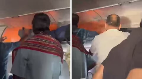Flames erupt from an overhead luggage compartment aboard an IndiGo flight from Delhi to Chennai after a power bank reportedly caught fire.