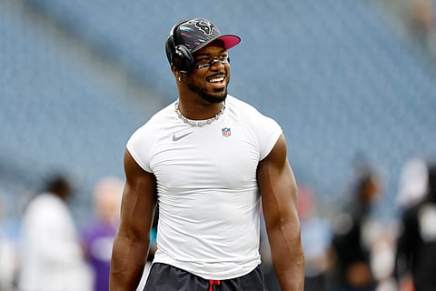 Azeez Al-Shaair #0 of the Houston Texans reacts during warm ups prior to the game against the Tennessee Titans at Nissan Stadium on October 11, 2026 in Nashville, Tennessee.