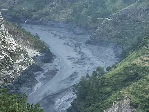 An aerial photograph captured from a helicopter shows the flood-affected Budhi Gandaki River basin in Nepal. (Photo: X/@NDRRMA_Nepal)