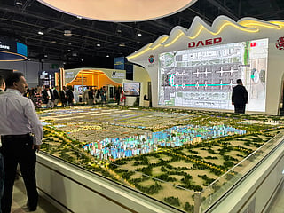 The Dubai Aviation Engineering Projects (DAEP) displaying a mockup of the upcoming $35 billion Dubai World Central (DWC)/ Al Maktoum International passenger terminal at Dubai South at the Airports Show in Dubai on Monday.