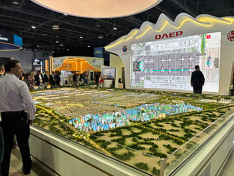 The Dubai Aviation Engineering Projects (DAEP) displaying a mockup of the upcoming $35 billion Dubai World Central (DWC)/ Al Maktoum International passenger terminal at Dubai South at the Airports Show in Dubai on Monday.