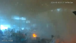 This screen grab taken from CCTV footage released by the Saudi Media Ministry on October 11, 2026, shows the moment Riyadh International was hit by a Houthi strike on October 10, 2026.