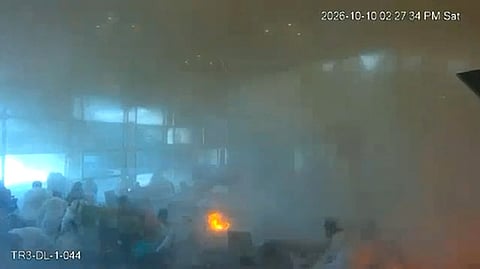 This screen grab taken from CCTV footage released by the Saudi Media Ministry on October 11, 2026, shows the moment Riyadh International was hit by a Houthi strike on October 10, 2026.