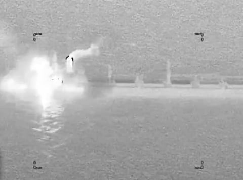 A radar view of the Panama-flagged M/V Ocean Molica, linked to Iran, at the moment the US military disabled the ship. CentCom said the cargo vessel’s crew had ignored repeated warnings and attempted to run the blockade on Sunday (Oct. 11) after previously departing an Iranian port.