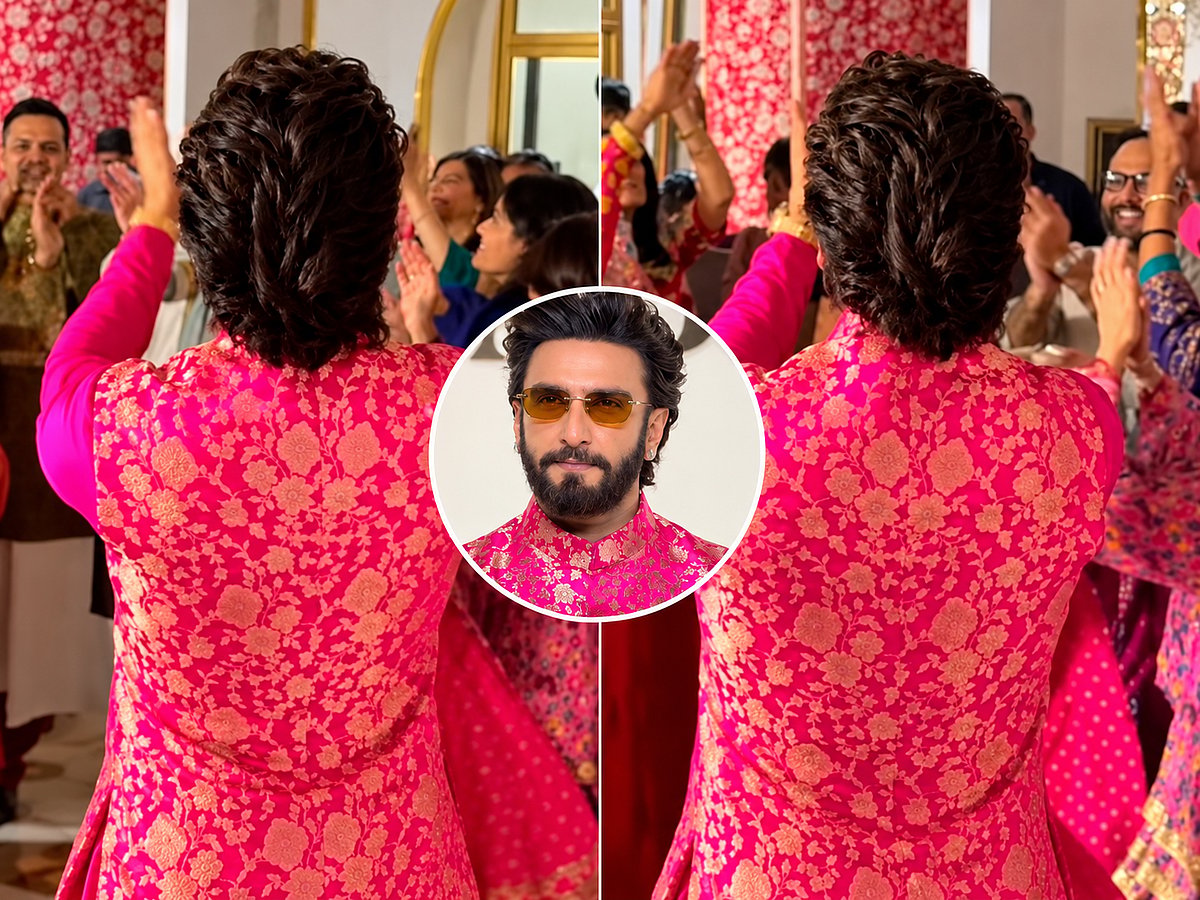 Bollywood actor Ranveer Singh performs garba with Nita Ambani and Isha Ambani at the Swadesh Eros first-anniversary celebration in Mumbai.