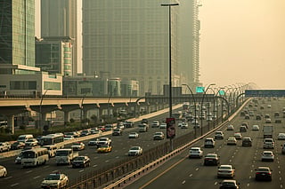 Vehicles drive along the Sheikh Zayed road in Dubai.