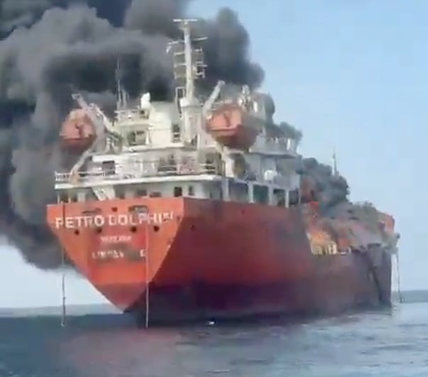 The Nicaragua-flagged M/V Petro Dolphin goes up in flames after getting hit off Sohar, Oman.