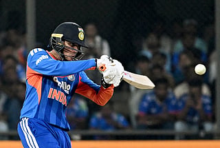 India's Abhishek Sharma plays a shot during the 3rd T20I against West Indies at Holkar Stadium, in Indore on Sunday. 