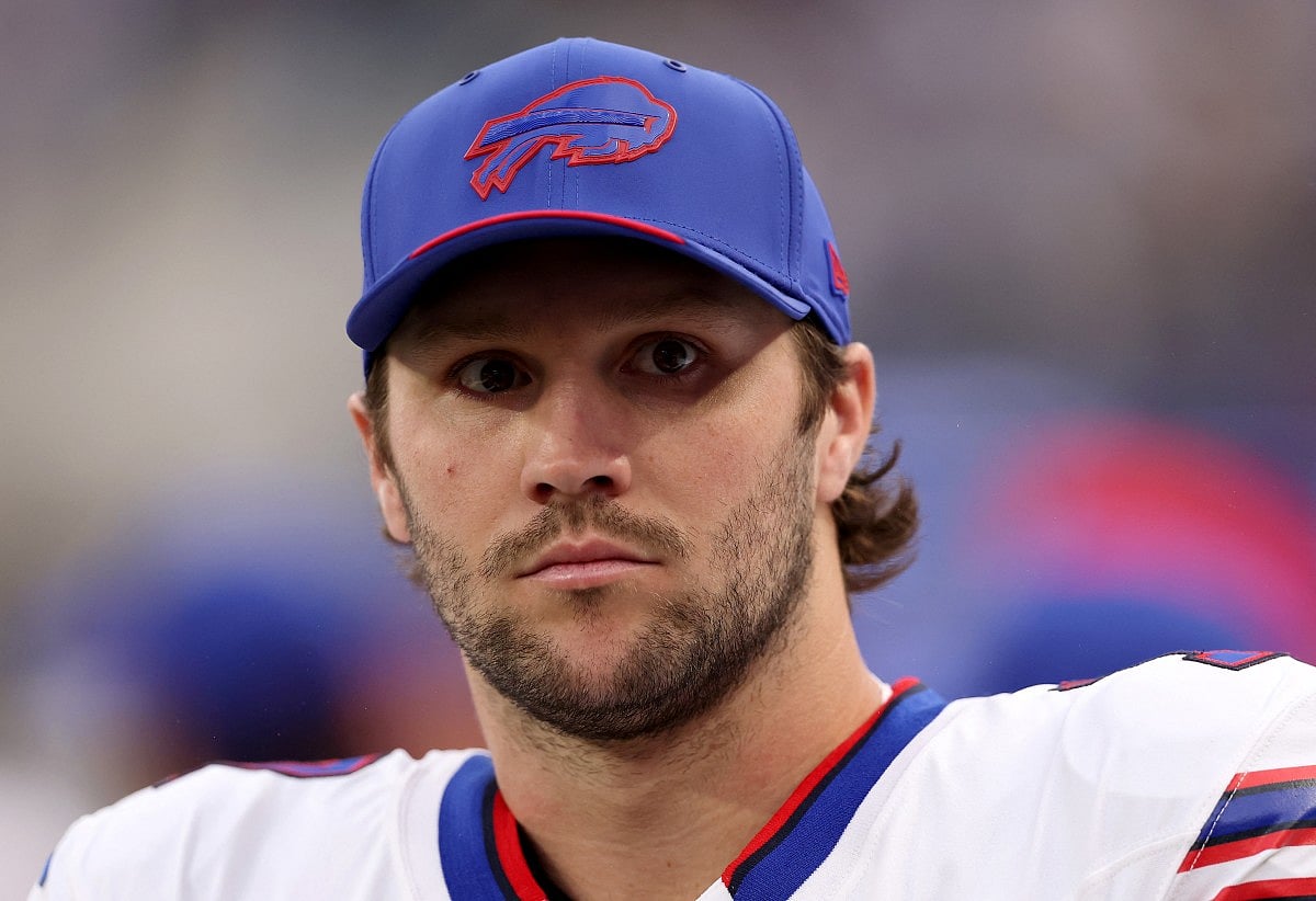 Josh Allen #17 of the Buffalo Bills looks on prior to the game against the Los Angeles Rams at SoFi Stadium on October 12, 2026 in Inglewood, California.