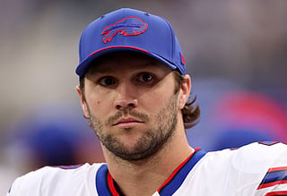 Josh Allen #17 of the Buffalo Bills looks on prior to the game against the Los Angeles Rams at SoFi Stadium on October 12, 2026 in Inglewood, California.