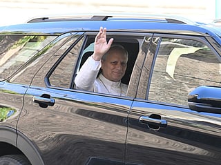 Pope Leo XIV leaves the Vatican before being admitted to Rome's Gemelli University Hospital for an operation to remove a lump from his lung, in the Vatican on 13 October 2026.