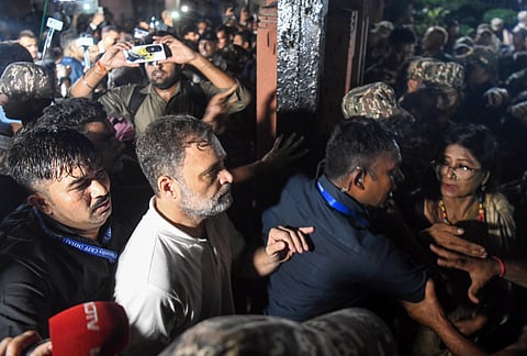 Lok Sabha Leader of Opposition Rahul Gandhi, along with INDIA bloc leaders, arrives at the Supreme Court to file a petition challenging alleged irregularities in the SIR of electoral rolls, in New Delhi on Monday.  