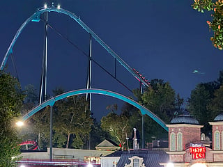 A roller coaster is shown at Six Flags over Georgia on Monday, Oct. 12, 2026 in Austell, Georgia.
