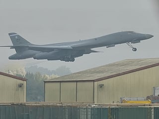 A B-1 bomber takes off from RAF Fairford in Fairford, England, Tuesday, Sept. 29, 2026.