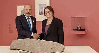 Ayman Safadi, Jordanian Minister of Foreign Minister, received the carved stone fragment on Tuesday during a ceremony at the National Gallery of Australia, held on the sidelines of King Abdullah II's state visit to the country.