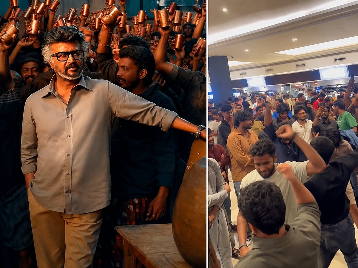Rajinikanth in Jailer 2 (left) and fans celebrate the film’s release during an early-morning screening in Dubai, UAE, on October 15, 2026.
