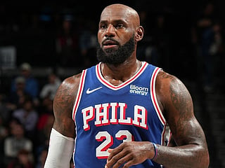LeBron James #23 of the Philadelphia 76ers looks on during the game against the Brooklyn Nets on October 8, 2026 at Barclays Center in Brooklyn, New York.