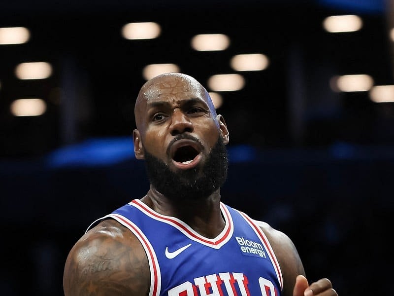 LeBron James #23 of the Philadelphia 76ers reacts during the first quarter of a preseason game against the Brooklyn Nets at Barclays Center on October 08, 2026 in the Brooklyn borough of New York City.