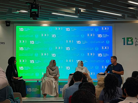 From left to right: Hanan Al Sammak, moderator; Maitha Majid Al Suwaidi, executive director of media regulation at National Media Authority; Alia Al Hammadi, vice chairperson of UAE Government Media Office and deputy chairperson of the 1 Billion Followers Summit; and Simon Squibb, content creator and CEO of Dream Group