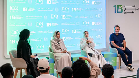 From left to right: Hanan Al Sammak, moderator; Maitha Majid Al Suwaidi, executive director of media regulation at National Media Authority; Alia Al Hammadi, vice chairperson of UAE Government Media Office and deputy chairperson of the 1 Billion Followers Summit; and Simon Squibb, content creator and CEO of Dream Group