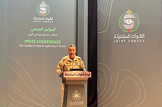 The Saudi-led military coalition spokesman Turki Al-Malki speaks during a press conference in Riyadh on October 15, 2026.