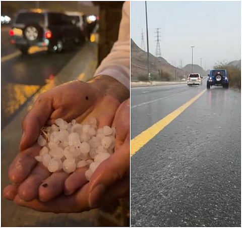 NCM said it is monitoring several convective cloud cells, with weather radar showing pink areas north of Al Ain, indicating the presence of hail.