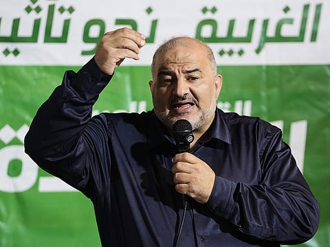 Israeli lawmaker Mansour Abbas, leader of the Ra'am party, speaks to supporters during a campaign event ahead of Israel's general election in the northern Israeli town of Baqa Al Gharbiyye, Thursday, Oct. 8, 2026. 